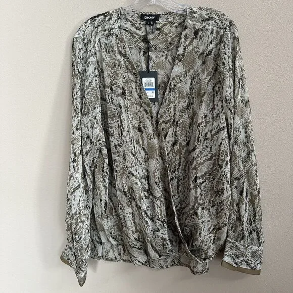 DKNY Top Women's XL Brown Snake Print Faux-Wrap Long Sleeve Semi Sheer Career - Picture 9 of 11